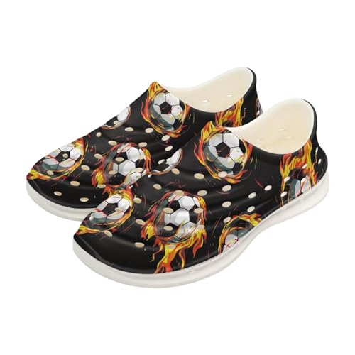 Watdotory Flame Soccer Print Slides for Kids Shower Slippers Bathroom Pool Sandals Boys Girls Comfy EVA Sole Summer Non-Slip Beach Shoes