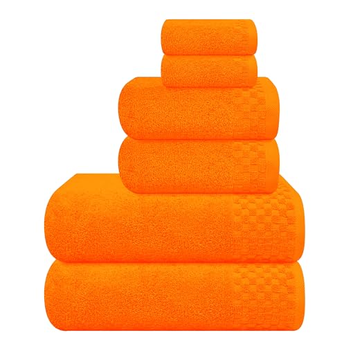 MyOwn Premium Cotton 6 Pack Towel Set for Bathroom, Contains 2 Bath Towels 28x55 inch, 2 Hand Towels 16x24 inch & 2 Wash Coths 12x12 inch, Ideal Everyday use, Compact & Lightweight - Orange