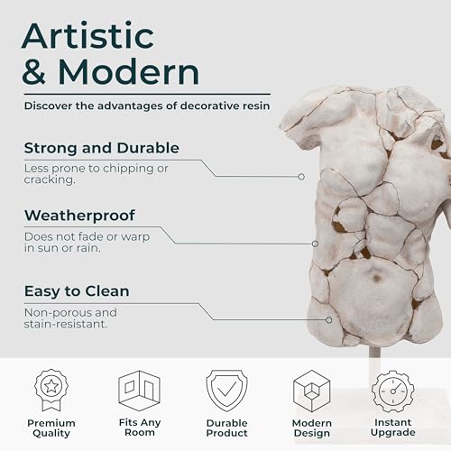 Escultura de torso masculino en resina, 25 pulgadas, blanca miniatura 5