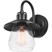 Globe Electric 60000012 1-Light Outdoor Wall Sconce, Matte Black, 7" Seeded Glass Shade, Curved Stem, Porch Light, Wall Lighting, Patio Decor