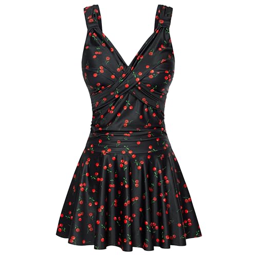 V Neck Swimsuit Black Cherry One Piece Swimsuit Women Ruched Tummy Control Bathing Suit Skirt Swimwear Pure XL