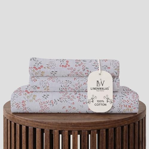Image of LINENWALAS 100% Cotton Flat Bed Sheet for Double Size Bed | Super Soft, Breathable, Oeko-TEX Certified 300 TC | Premium Hotel Class Floral Bedsheet with 2 Pillow Cover (90x100 Inches, Blush Meadow)