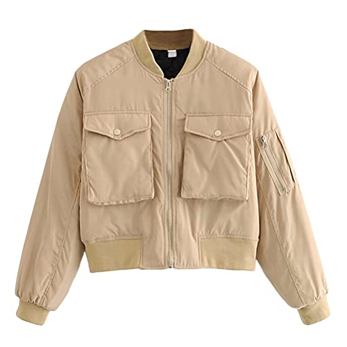 Tomwell Bombers Jacket Femme Blouson Parka pour Femme Mi-Saison Manteau Court Utility Jacket Veste Vert Armée Casual Zipper Veste Bomber avec Poches B Kaki XS