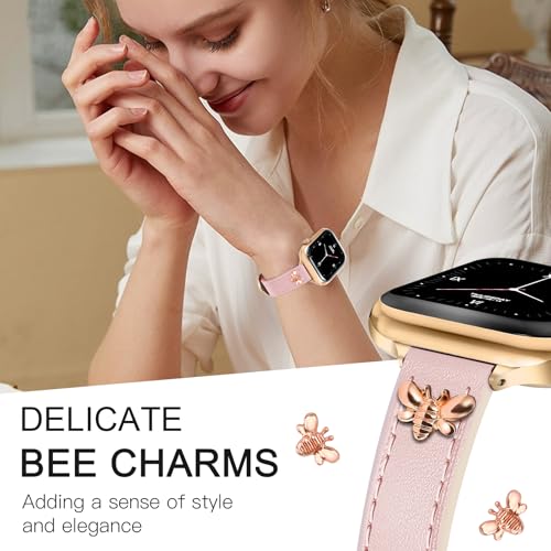 Image of JR.DM Slim Leather Bands Compatible with Apple Watch Band 38mm 40mm 41mm 42mm 44mm 45mm 46mm 49mm, Genuine Leather Band with Charms, Feminine Design for Iwatch Ultra SE Series 11 10 9 8 7 6 5 4 3 2 1
