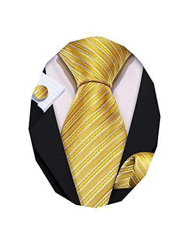 Image of Barry.Wang Man Stripe Ties Set Silk Woven Pocket Square Necktie Cufflinks Formal Party Business