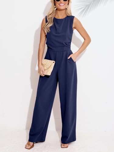 CUPSHE Damen Jumpsuit Rundhals Ärmellos Overall Plissee Weite Beine Playsuit mit Taschen Elegant Hosenanzug