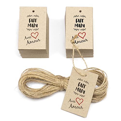 150 petites étiquettes fait main, en français, avec ficelle de jute, 60x35 mm petit, cartes à suspendre avec trou, carton 100% recyclé (fait main avec...
