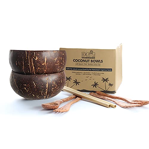 Coconut Bowls with Spoons and forks, Acai Bowls â€“ Wooden Bowls, Buddha Bowls, Bamboo Dinnerware Sets, Coconut Shell for Wood Fruit Bowl, Smoothie bowls, or Wood Salad Bowl (Set of 2, Standard)