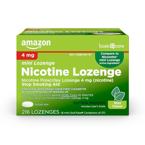 Image of Amazon Basic Care Nicotine Polacrilex Mini Lozenge, 4 mg (Nicotine), Stop Smoking Aid, Mint Flavor, 216 Count, 8 Pack of 27