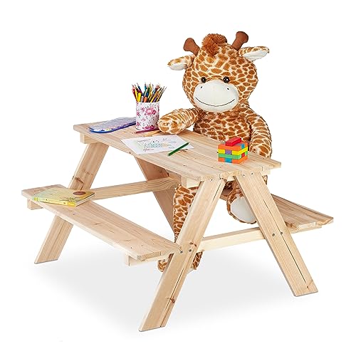 Relaxdays Mesa de Pícnic para el Jardín, Bancos para Niños, 50x89x79cm, Exteriores, Mobiliario Infantil, Madera, Natural