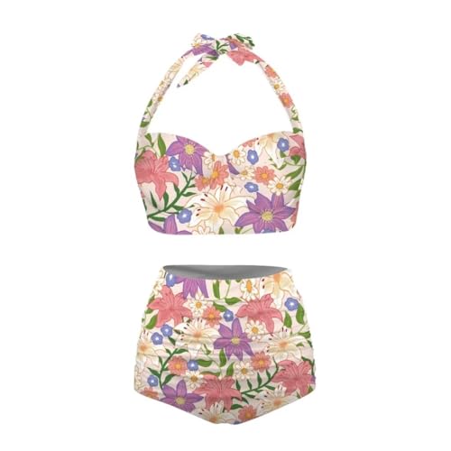 Youngerbaby Flower Print Women Two Piece Swimsuit Set Novelty V-Neck Sexy Backless Top Mid Rise Bottom Bathing Suit Bikini Set