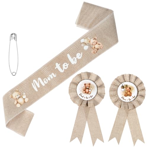 Wanmu 3Pcs Neutral Burlap Mom to Be Sash Dad to Be Pin Set f