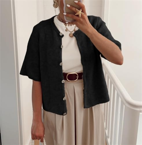 Image of Women Knitted Crop Cardigan Shirt Short Sleeve Button Down Ribbed Knit Crop Top Y2k Girls Outwear Top Tee Shirt