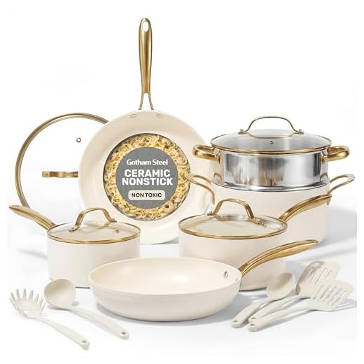 Gotham Steel 15 Pc Ceramic Cookware Set, Ceramic Pots and Pans Set Non Stick with Cooking Utensils and Steamer, Non Toxic PFOA PFOS Free, Premium Gold Stay Cool Handles, Oven & Dishwasher Safe