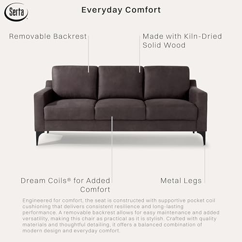 Image of Serta Triton 78 inch Sofa, Transitional Modern, Dreamcoil Comfort, Metal Legs, Vegan Suede, Charcoal