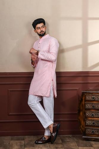Image of LookMark Men's Printed Silk Blend Kurta with Mandarin Collar, Full Sleeves, Straight Fit Traditional Ethnic Wear
