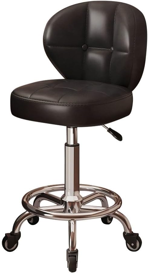 LEIYTFE Drafting Chairs Adjustable Height Oiled Leather Rolling Stools,Office Desk Chair with Back and Footrest,Swivel Stool for Lab Counter Salon(Black,B)