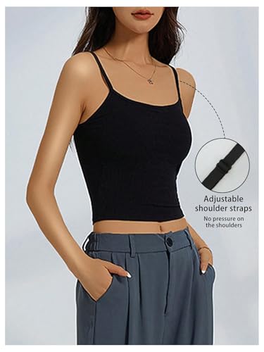 Image of WDIRARA Women's 3 Pack Cami Crop Top Built in Bra Spaghetti Strap Tank Camisole Tops