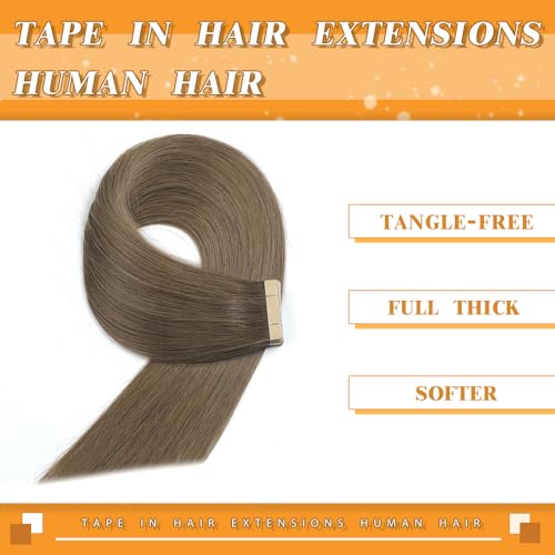 Image of YDDM Human Hair Extensions, Cold Light Chocolate Brown 20 Inch 20pcs,Skin Weft Seamless Tape in Hair Extensions Remy Straight Hair for Women