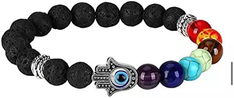 2Pieces /Set 7 Chakras Gemstone Lava Stone Hamsa Hand Bracelet Evil Blue Eye Beaded Charm Stretch Bracelet Handmade Jewellery, One size , adjustable