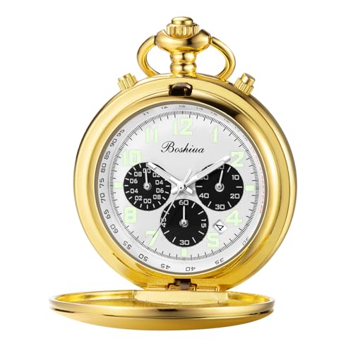Image of BOSHIYA Multifunctional Stopwatch Calendar Silver Gold Black Pocket Watch with Bracelet