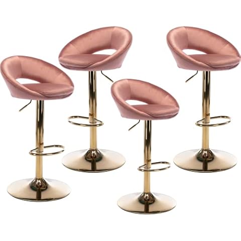 CIMOO Velvet Swivel Bar Stools Set of 4 with Open Back, Upholstered Adjustable Bar Height Bartools Modern Counter Height Barstools Island Chairs with Gold Legs for Kitchen/Home Bar/Pub, Pink Cover