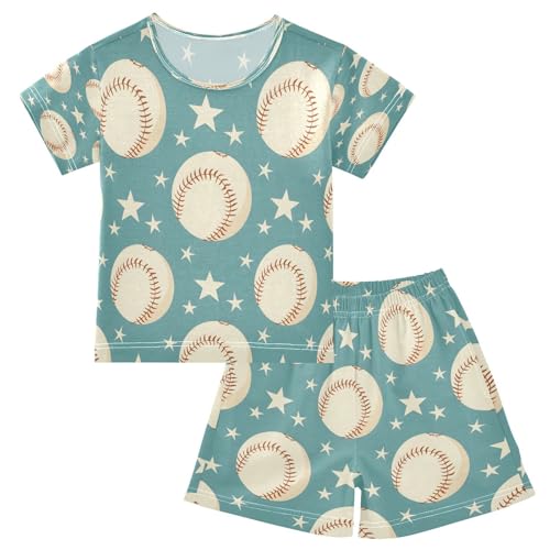 senya Short Sleeve Pajamas Sets Summer Cotton Sleepwear Turquoise Stars Baseball