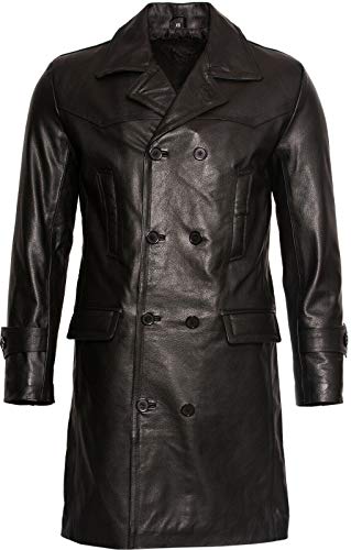 Mens Classic Black Uboat German Naval Military Peacoat Cowhide Leather Jacket