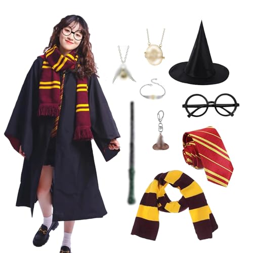 JMOCD Magier Robe, Cosplay Kostüm mit Magier Robe,Gestreifte Krawatte,Hut,Zauberstab,Halstuch,Brille,Vintage-Armband,Halskette,Schlüsselbund für Halloween Cosplay Karneval Verkleidung Party (135)
