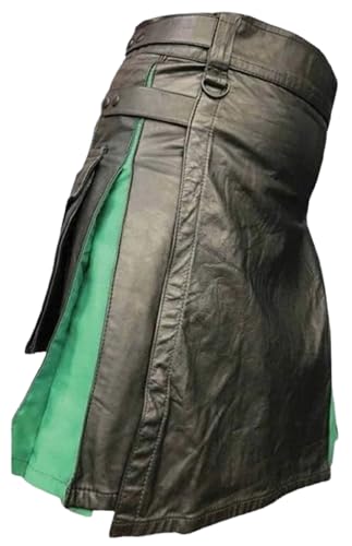 Falda escocesa LARP de cuero prémium estilo guerrero para hombre, falda gótica punk, traje híbrido, Black & Green Hybrid - Falda escocesa de piel auténtica, M