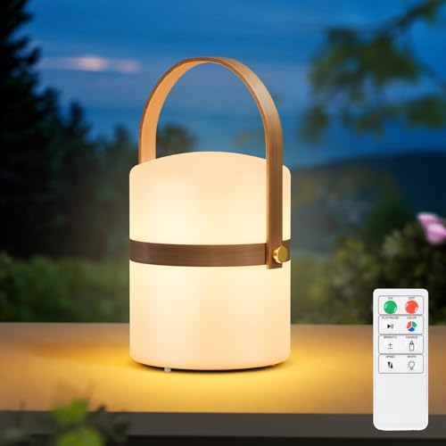 ​POWERBEAUTY Lámpara de Mesa LED de Exterior Inalámbrica de Bambú Asa de Transporte 8 Colores...