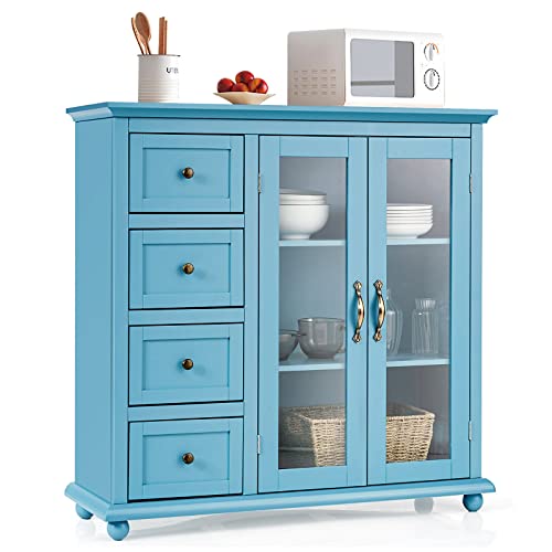 Costway Buffet Sideboard Storage Cabinet, Console Table With 4 Drawers, 2-Glass Door, For Kitchen Dining Room, Entryway, Kitchen Pantry, Buffet Server (Blue) #TOP6