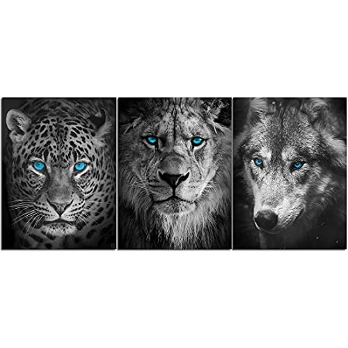 Qtespeii Black And White Animals Pictures Wall Art Decor For Bathroom Leopard Lion Wolf Head With Blue Eyes Paintings Canvas Prints Wildlife Artwork Framed Modern Home Office Decor 12"X16" 3 Panels #TOP6
