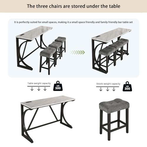 Image of 4-Piece Industrial Bar Table Set with Power Outlet, 3 Upholstered Stools for Kitchen, Game Room & Dining, Counter Height Pub Set (Grey 1+3)
