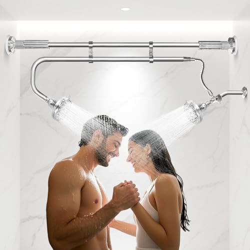 OURBAOFU Tandem Shower Heads, Double Shower Head for Couples, Dual Shower Head System for Two People, High Pressure and Adjustable Double Shower Heads (Silver)
