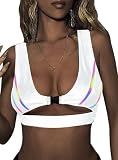 Reflective Rave Top for Women - Music Concert Crop Tank Y2K Buckle Underboob Shirt Sexy Bikini Bra Festival Outfits(White,XS,13171a)