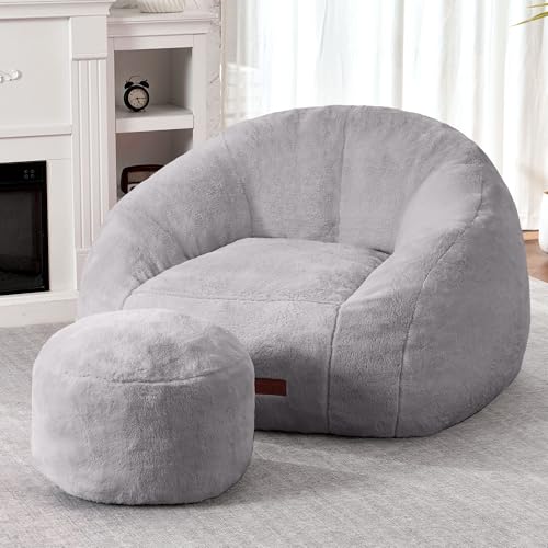 Image of HABUTWAY Bean Bag Chair, Giant Bean Bag Chairs for Adults with Ottoman, Comfy Faux Fur Shell-Shaped Bean Bag Couch, Sofa Chair for Living Room, Bedroom, Grey