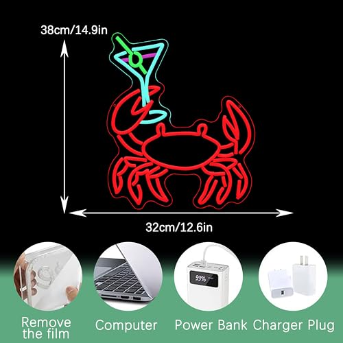 Image of Crab Cocktail Neon Sign USB Powered Drinking LED Signs for Bar Wall Decor Dimmable Funny Hairy Crab Neon Light for Seafood Market Coastal Beach Themed Restaurant Pub