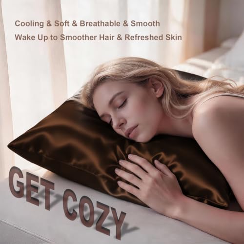 Image of LYSHIN Silk Pillow Cases 2 Pack King Size with Zipper, Brown | 19 Momme Mulberry Silk Pillowcase for Skin and Hair, Anti-Acne, Hypoallergenic, Cooling, Beauty Sleep, Gifts for Women