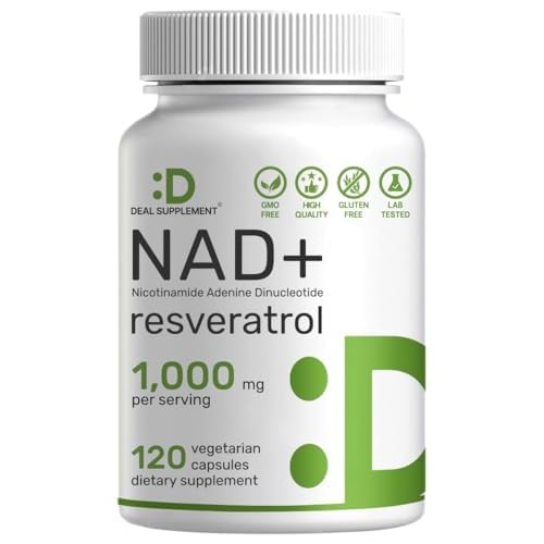 NAD+ Resveratrol Supplement 1,000mg Per Serving, 120 Veggie Capsules | 2-in-1 Extra Strength NMN Supplement Alternative | NAD for Women & Men | Promote Energy, Anti-Aging & Cell Regeneration