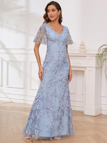 Image of Lace Mermaid Mother of the Bride Dresses for Wedding Short Sleeve Formal Dress Evening Gowns