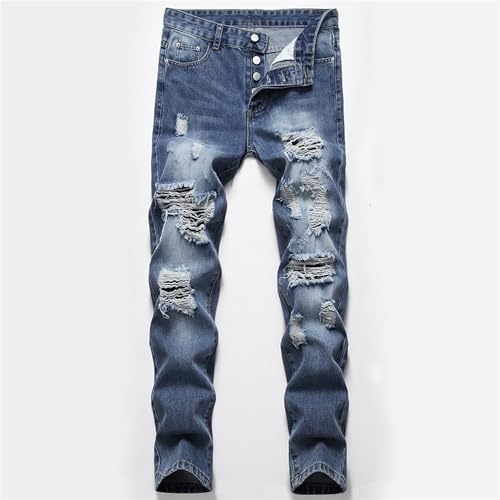 Mens Ripped Jeans Trendy Slim Fit Denim Jeans Straight Leg Stretch Distressed Stacked Pants3