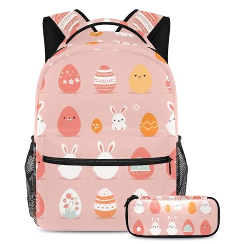 Sac à dos œuf de lapin de Pâques rose multicolore avec trousse