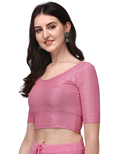 Shiv Textiles Round Neck Dobby Cotton Lycra Stretchable Elbow Sleeve Readymade Saree Blouse For Women Stylish (Pinkpluse Size)