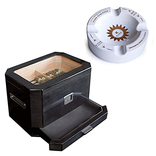 Case Elegance - Octodor Large Black Piano Finish Glass Top Cedar Humidor With Large Round White And Gold Inlay Ceramic Ashtray #TOP9