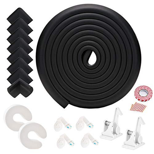 Fairy Baby Juego de 17 Piezas-Seguridad Infantil 1 Negro Protección de Bordes 16.4ft con 8 Protectores de Esquinas y 2 Cerraduras de Armario 4 Correa Gabinetes Cerraduras 2 Guardias de Tope de Puerta Cover