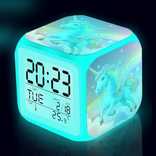 Rainbow Unicorn Alarm Clock Gift Decor for Girls Room, Battery Op...