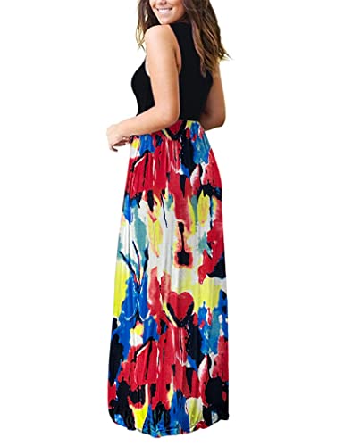 Image of AUSELILY Women's Summer Sleeveless Loose Plain Casual Long Maxi Dresses | Year Round wear solid floral print, Casual daily wear, Empire waist, Floor length, Side pockets New