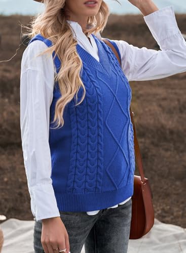 Image of EVALESS Oversized Sweater Vest for Women V Neck Sleeveless Cable Knit Tops