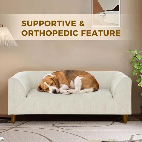 Image of Dog Sofa Couch for Medium Dogs, 39 inch Memory Foam Dog Sofa Bed, Modern Elevated Pet Couch Bed with Wooden Legs for Medium Dogs, Beige Grey